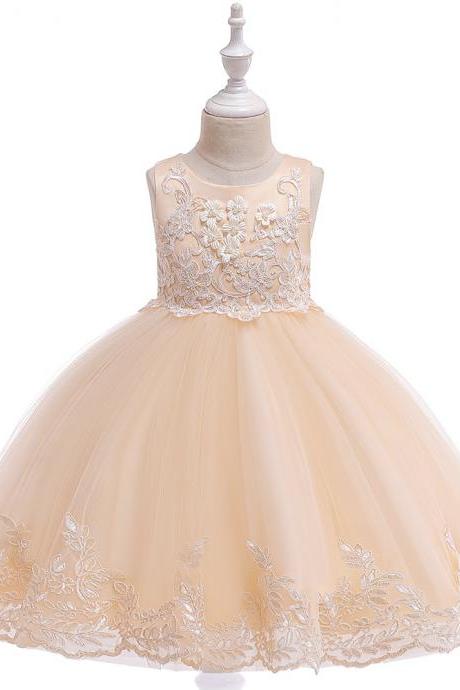 Applique Lace Flower Girl Dress Princess Wedding Birthday Prom Party Tutu Gonws Kids Children Clothes champagne