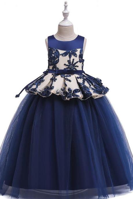 Long Flower Girl Dress Embroidery Teens Formal Birthday Party Tutu Gown Children Kids Clothes navy blue