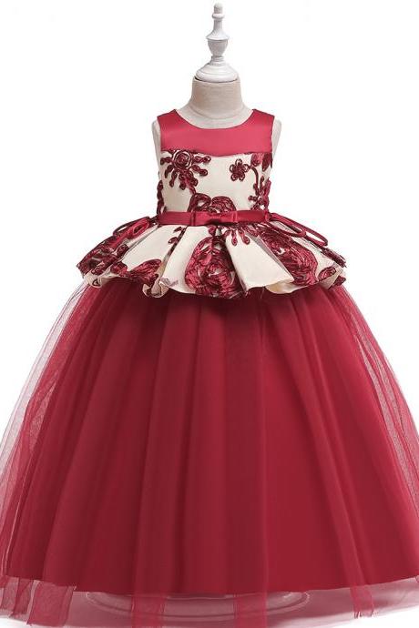 Long Flower Girl Dress Embroidery Teens Formal Birthday Party Tutu Gown Children Kids Clothes wine red
