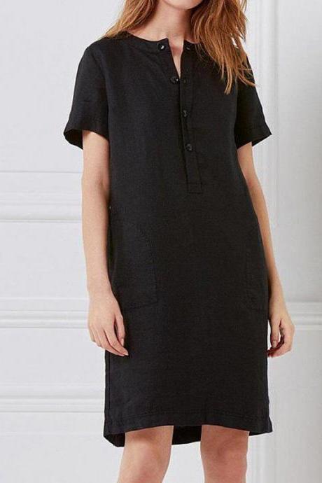 Women Casual Dress Summer V Neck Short Sleeve Button Loose Plus Size Midi T Shirt Dress black
