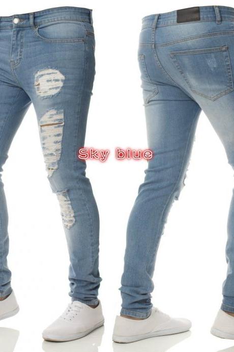 Men Jeans Trousers SKinny Ripped Plus Size Slim Fit Casual Streetwear Long Denim Pencil Pants sky blue