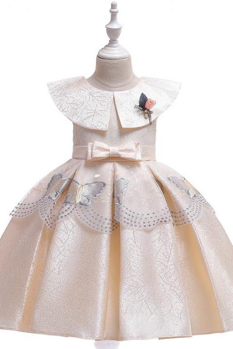  Satin Flower Girl Dress Butterfly Embroidery Formal Birthday Perform Party Tutu Gown Kids Children Clothes champagne
