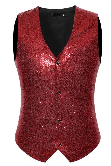 Men Sequined Waistcoat V Neck Wedding Party Business Vest Tops Stage Sleeveless Coat red