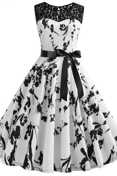 Women Floral Printed Dress Summer Sleeveless Lace Patchwork Belted A Line Formal Party Dress 6#