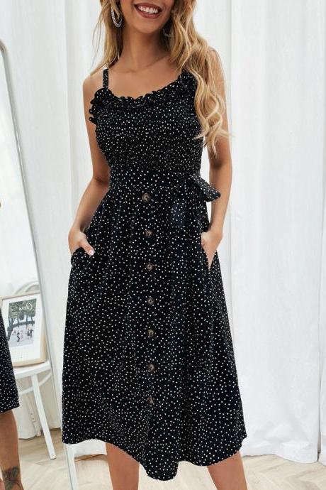 Women Polka Dot Dress Spaghetti Strap Buttons Summer Beach Boho Casual Midi A Line Dress black
