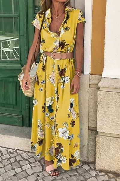 Women Maxi Dress V Neck Short Sleeve Casual Summer Boho Floral Printed Long Beach Dress yellow