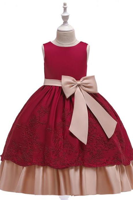 Long Satin Flower Girl Dress Embroidery Formal Birthday Perform Party Tutu Gown Kids Children Clothes wine red