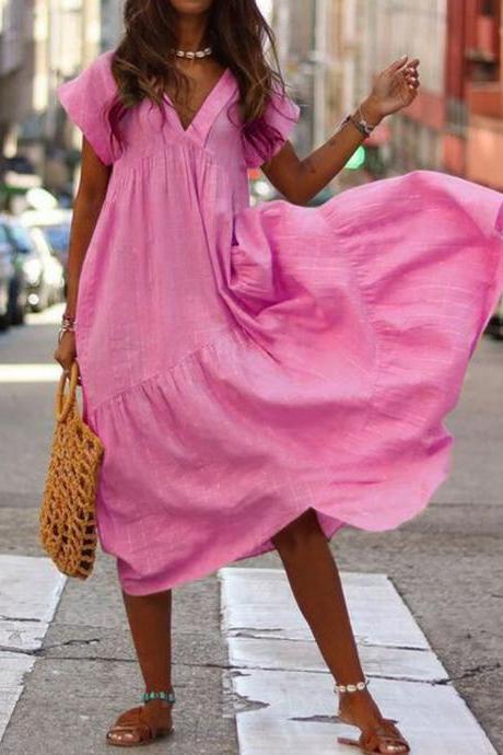 Women Casual Dress Summer V Neck Short Sleeve Loose Solid Midi T Shirt Dress pink