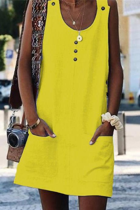 Women Casual Tank Dress Button Pockets Loose Sleeveless Summer Beach Mini Sundress yellow