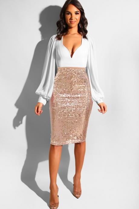 Women Sequined Midi Skirt High Waist Slim Bodycon Office Club Party Pencil Skirt apricot