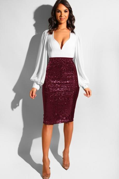 Women Sequined Midi Skirt High Waist Slim Bodycon Office Club Party Pencil Skirt wine red