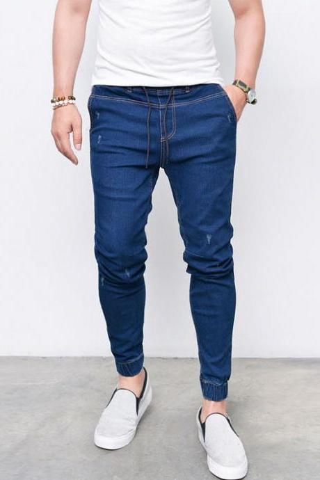 Men Skinny Jeans Drawstring Mid-Waist Ripped Casual Streetwear Slim Long Denim Pencil Pants dark blue