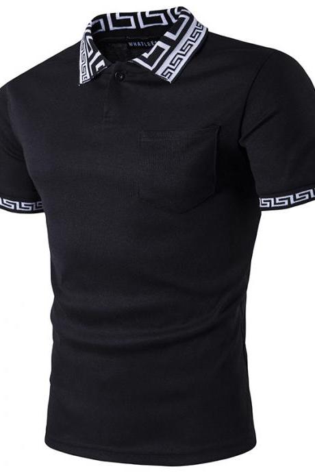 Men T Shirt Summer Short Sleeve Turn-down Collar Patchwork Casual Slim Fit T Shirt black