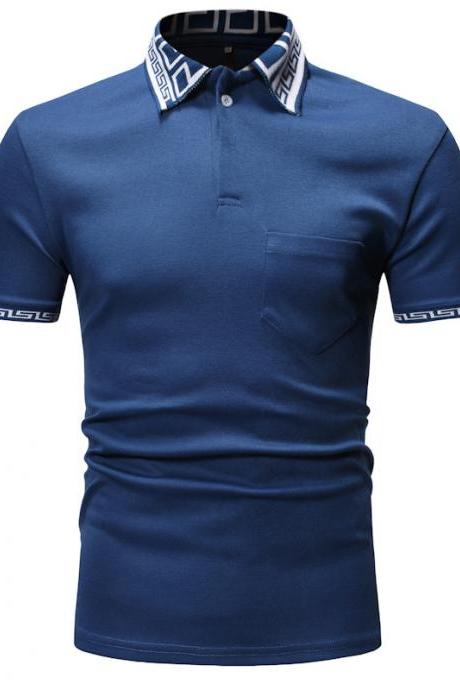 Men T Shirt Summer Short Sleeve Turn-down Collar Patchwork Casual Slim Fit T Shirt blue