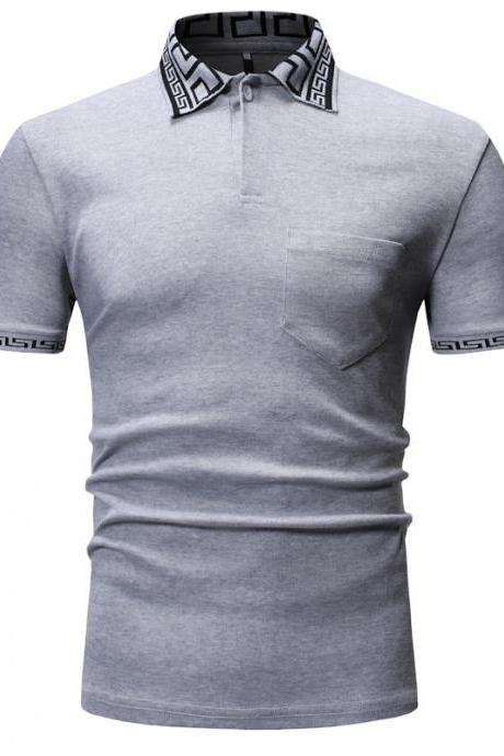 Men T Shirt Summer Short Sleeve Turn-down Collar Patchwork Casual Slim Fit T Shirt dark gray