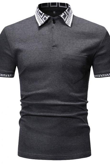 Men T Shirt Summer Short Sleeve Turn-down Collar Patchwork Casual Slim Fit T Shirt dark gray