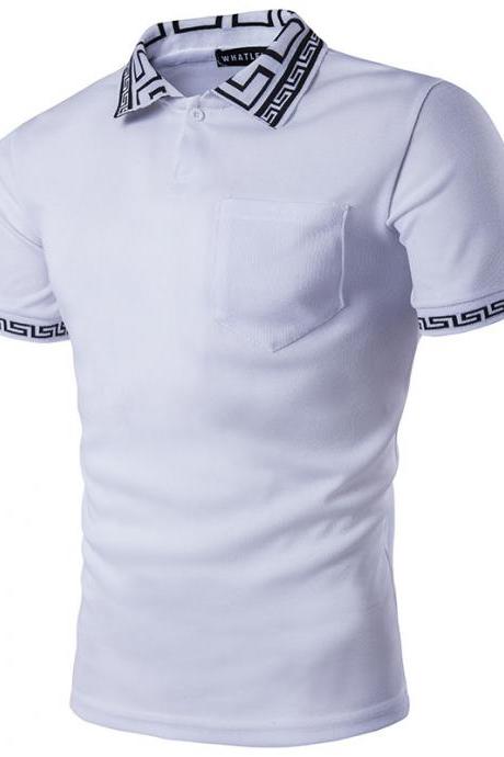 Men T Shirt Summer Short Sleeve Turn-down Collar Patchwork Casual Slim Fit T Shirt White
