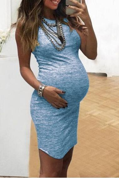 Pregnant Women Pencil Dress Summer Sleeveless Slim Bodycon Casual Mini Club Party Dress Light Blue