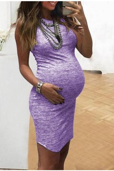 Pregnant Women Pencil Dress Summer Sleeveless Slim Bodycon Casual Mini Club Party Dress Lilac