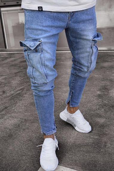 Men Jeans Mid Waist Distressed Skinny Pocket Ripped Hole Hip Hop Slim Denim Pencil Pants Light Blue
