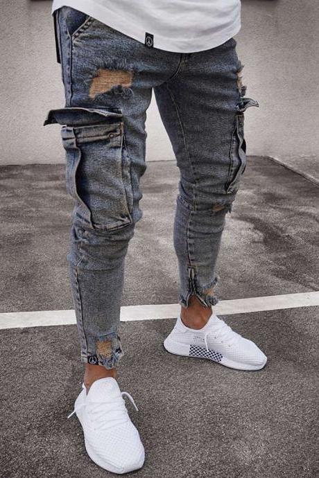 Men Jeans Mid Waist Distressed Skinny Pocket Ripped Hole Hip Hop Slim Denim Pencil Pants Vintage Blue