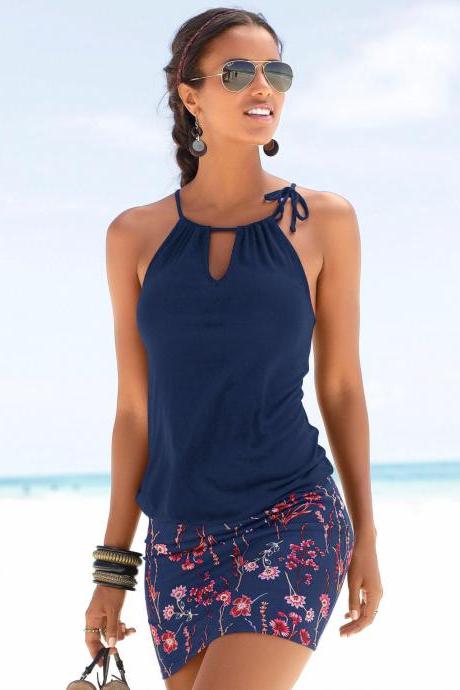 Women Casual Dress Summer Sleeveless Floral Printed Patchwork Sheath Boho Beach Mini Sundress navy blue
