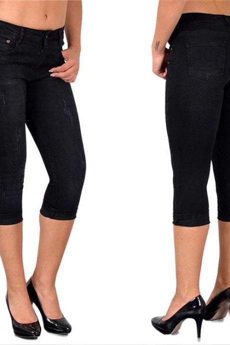  Women Jeans Summer High Waist Plus Size Slim Cropped 3/4 Trousers Stretch Skinny Denim Pencil Pants black