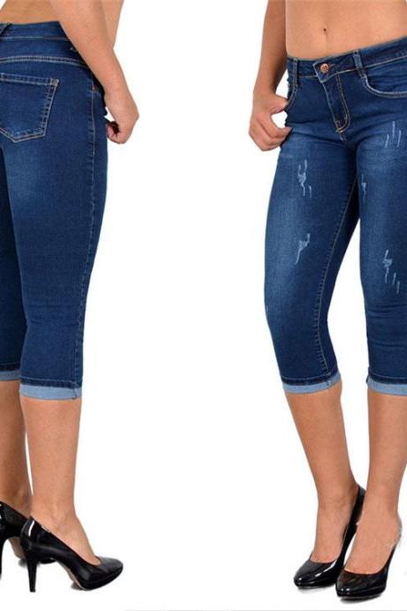 Women Jeans Summer High Waist Plus Size Slim Cropped 3/4 Trousers Stretch Skinny Denim Pencil Pants Dark Blue