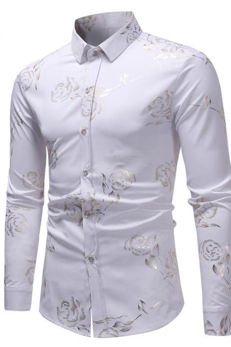  Men Rose Printed Shirt Single Breasted Long Sleeve Casual Slim Fit Male Top Shirt white