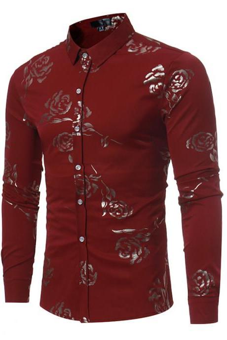 Men Rose Printed Shirt Single Breasted Long Sleeve Casual Slim Fit Male Top Shirt wine red