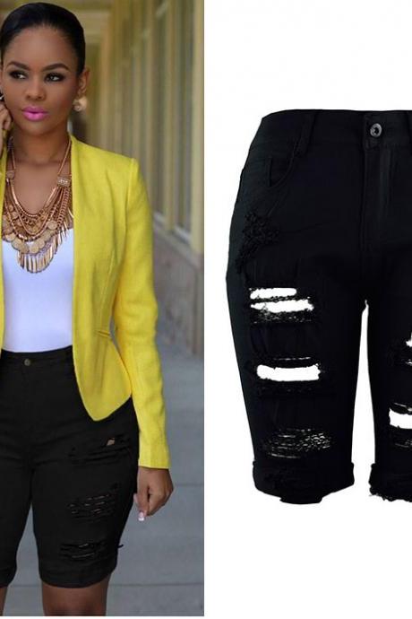 Women Jeans Summer High Waist Knee Length Ripped Holes Skinny Short Denim Pants Black
