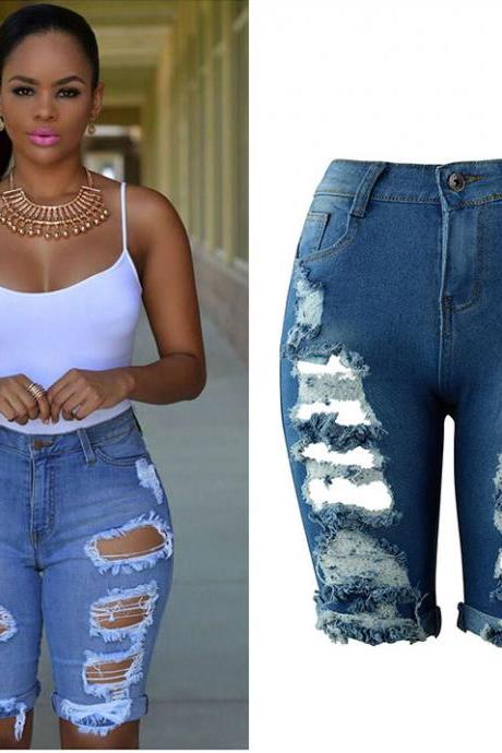 Women Jeans Summer High Waist Knee Length Ripped Holes Skinny Short Denim Pants Blue