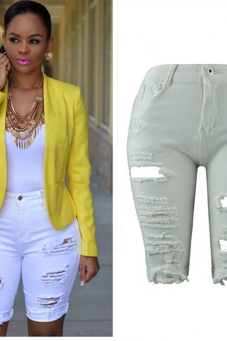 Women Jeans Summer High Waist Knee Length Ripped Holes Skinny Short Denim Pants White