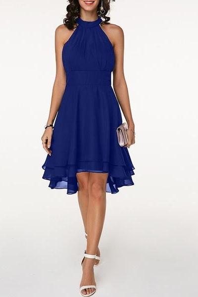 Women Asymmetrical Dress Chiffon Halter Sleeveless Summer Beach Casual Mini Party Dress blue