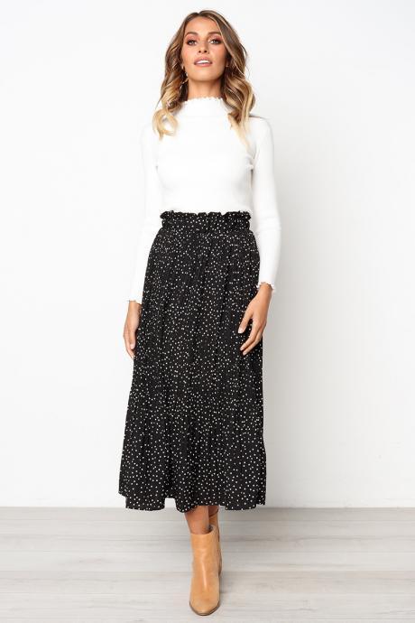 Women Polka Dot Pleated Skirt Spring Summer Pocket Elastic Waist Boho Beach Midi Long Skirt Black