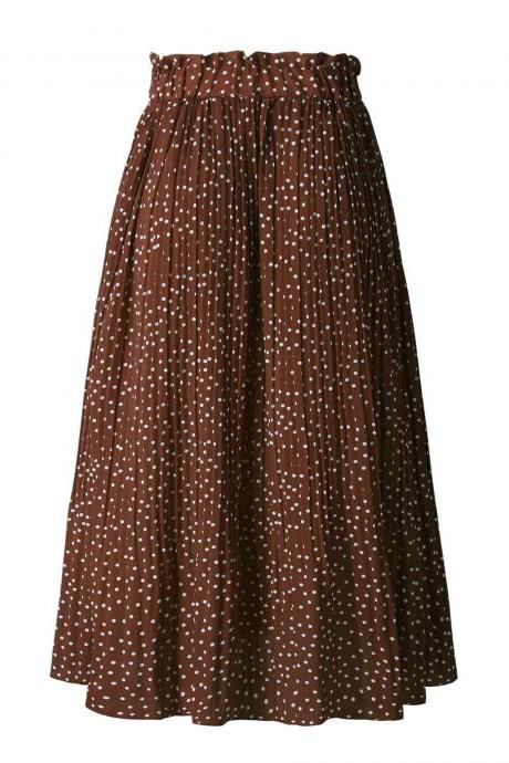 Women Polka Dot Pleated Skirt Spring Summer Pocket Elastic Waist Boho Beach Midi Long Skirt Coffee