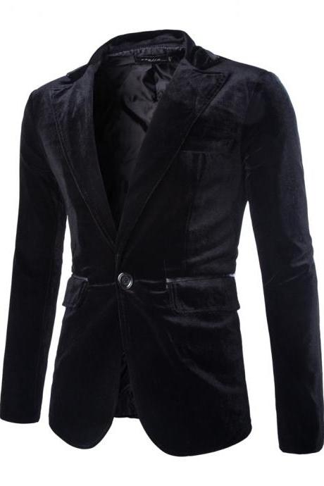  Men Corduroy Blazer Coat One Button Long Sleeve Casual Slim Fit Suit Jacket black