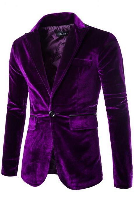 Men Corduroy Blazer Coat One Button Long Sleeve Casual Slim Fit Suit Jacket purple