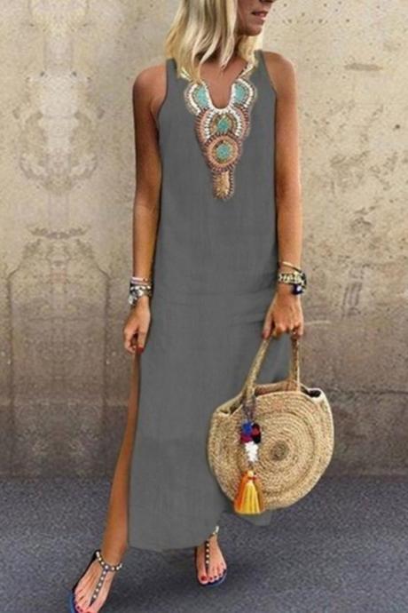 Women Maxi Dress V Neck Sleeveless Side Split Casual Summer Beach Boho Long Dress gray