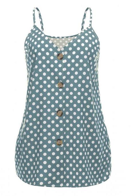 Women Polka Dot Tank Tops Spaghetti Strap Button Summer Casual Vest Sleeveless T Shirt blue