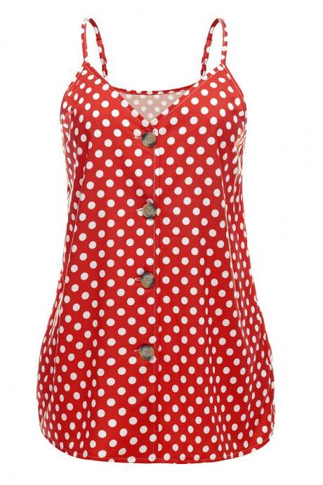 Women Polka Dot Tank Tops Spaghetti Strap Button Summer Casual Vest Sleeveless T Shirt red