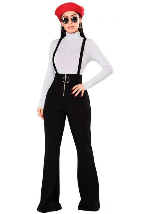 Women Flare Pants High Waist Front Zipper Metal Circle Long Casual Spaghetti Strap Wide Leg Trousers black