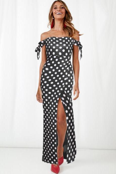 Women Polka Dot Maxi Dress Split Boho Beach Off the Shoulder Long Evening Party Dress black