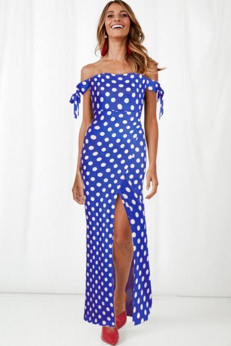  Women Polka Dot Maxi Dress Split Boho Beach Off the Shoulder Long Evening Party Dress blue