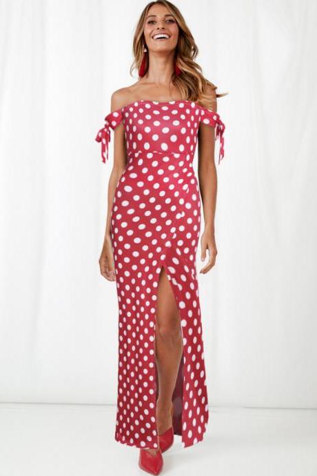  Women Polka Dot Maxi Dress Split Boho Beach Off the Shoulder Long Evening Party Dress red