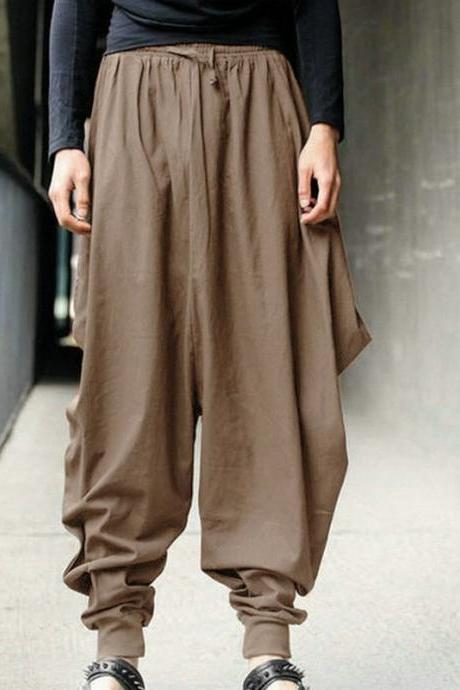 Men Harem Pants Drawstring Waist Plus Size Hip Hop Streetwear Casual Loose Baggy Trousers Khaki
