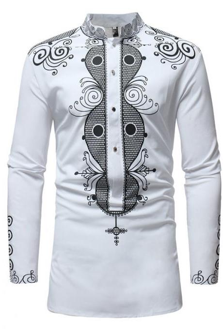  Men African Printed Shirt Stand Collar Tribal Ethnic Casual Slim Fit Long Sleeve Shirt white