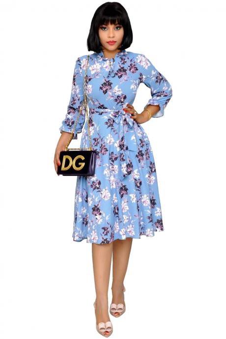 Women Floral Printed Dress 3/4 Sleeve Casual Belted Summer Beach Holiday Boho Midi A Line Dress light blue