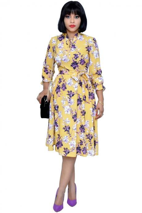 Women Floral Printed Dress 3/4 Sleeve Casual Belted Summer Beach Holiday Boho Midi A Line Dress yellow