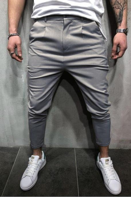 Men Harem Pants Mid Waist Streetwear Casual Ankle Length Slim Hip Hop Joggers Long Trousers Gray